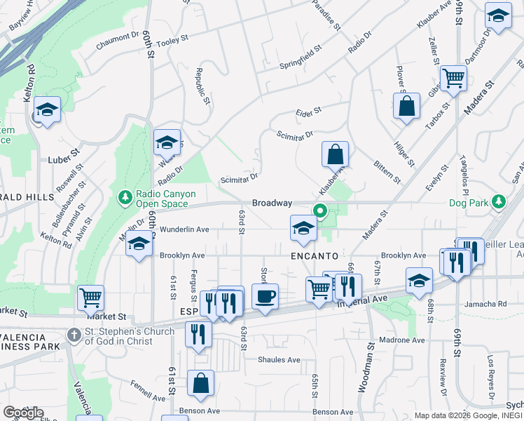 map of restaurants, bars, coffee shops, grocery stores, and more near 6344 Wunderlin Avenue in San Diego