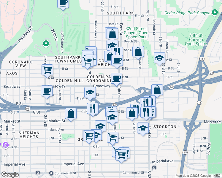map of restaurants, bars, coffee shops, grocery stores, and more near 2964 E Street in San Diego