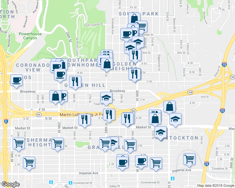 map of restaurants, bars, coffee shops, grocery stores, and more near 2884 E Street in San Diego