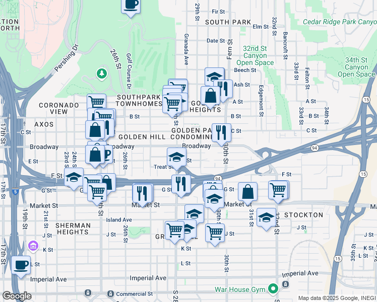 map of restaurants, bars, coffee shops, grocery stores, and more near 2808 E Street in San Diego