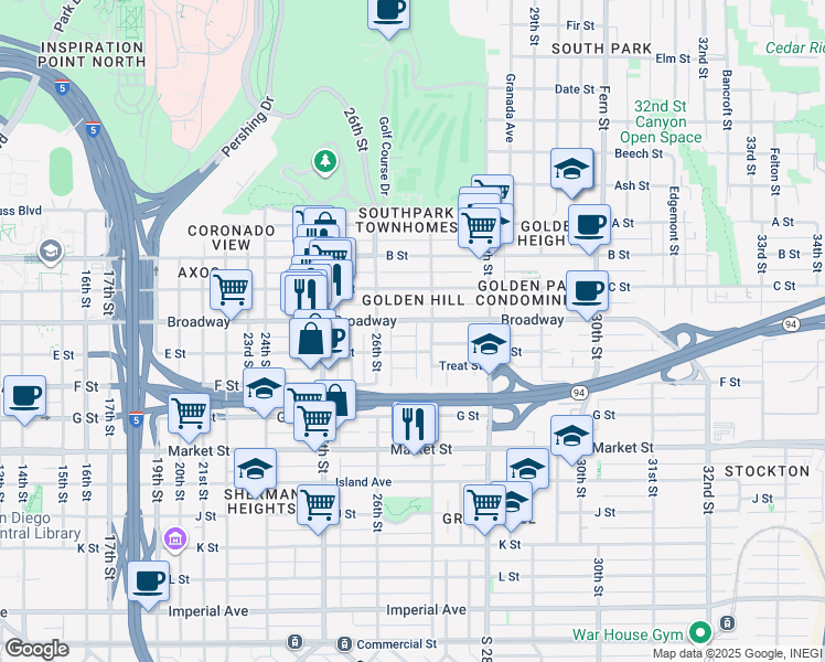 map of restaurants, bars, coffee shops, grocery stores, and more near 2682 E Street in San Diego