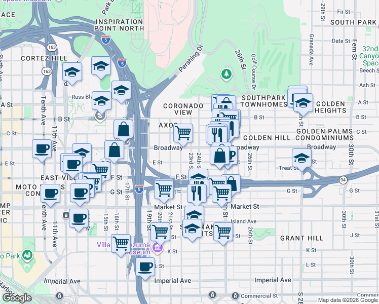 map of restaurants, bars, coffee shops, grocery stores, and more near 2202 E Street in San Diego