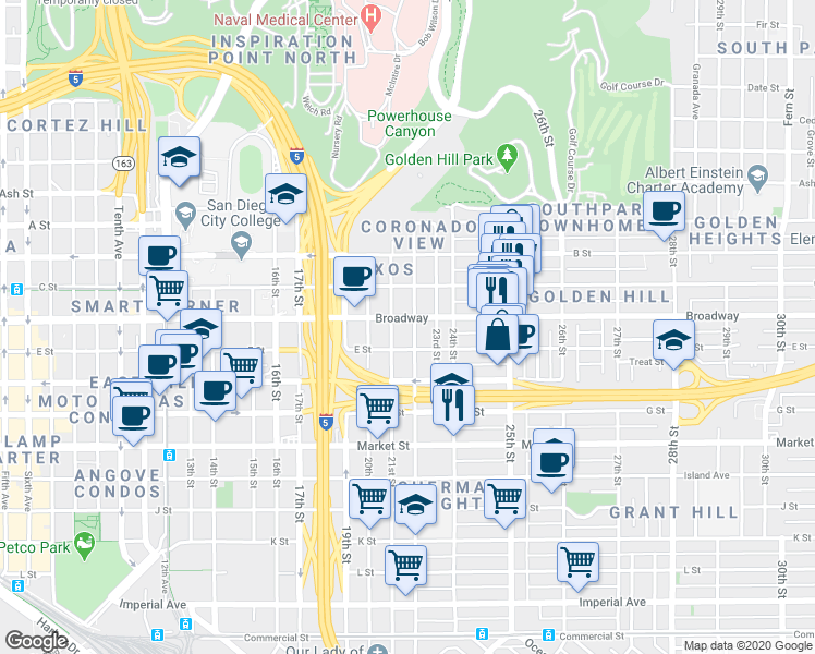 map of restaurants, bars, coffee shops, grocery stores, and more near 2202 E Street in San Diego