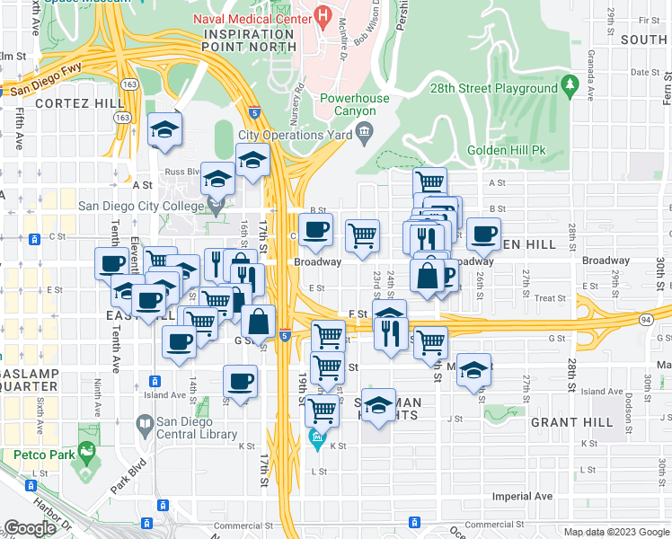 map of restaurants, bars, coffee shops, grocery stores, and more near 917 20th Street in San Diego