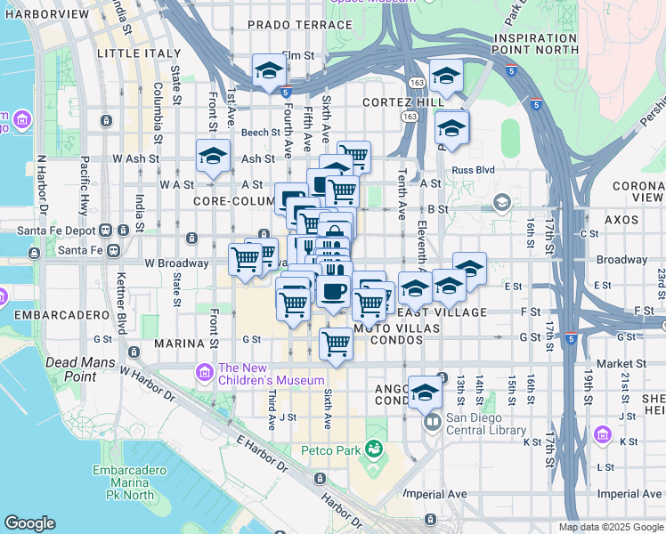 map of restaurants, bars, coffee shops, grocery stores, and more near 921 Sixth Avenue in San Diego