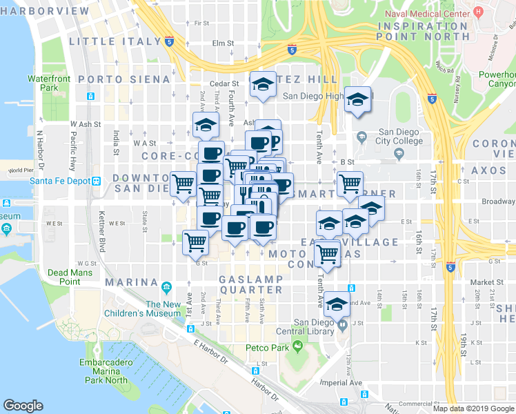 map of restaurants, bars, coffee shops, grocery stores, and more near 921 Sixth Avenue in San Diego