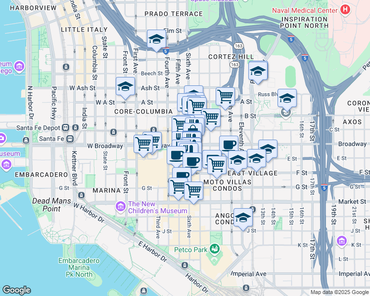 map of restaurants, bars, coffee shops, grocery stores, and more near 921 Sixth Avenue in San Diego