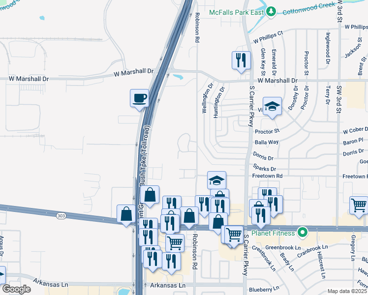 map of restaurants, bars, coffee shops, grocery stores, and more near 1802 Robinson Road in Grand Prairie