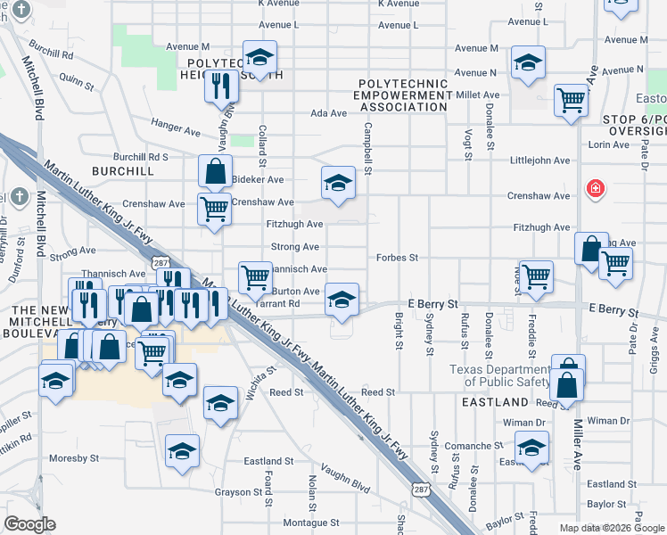 map of restaurants, bars, coffee shops, grocery stores, and more near 3500 Thannisch Avenue in Fort Worth