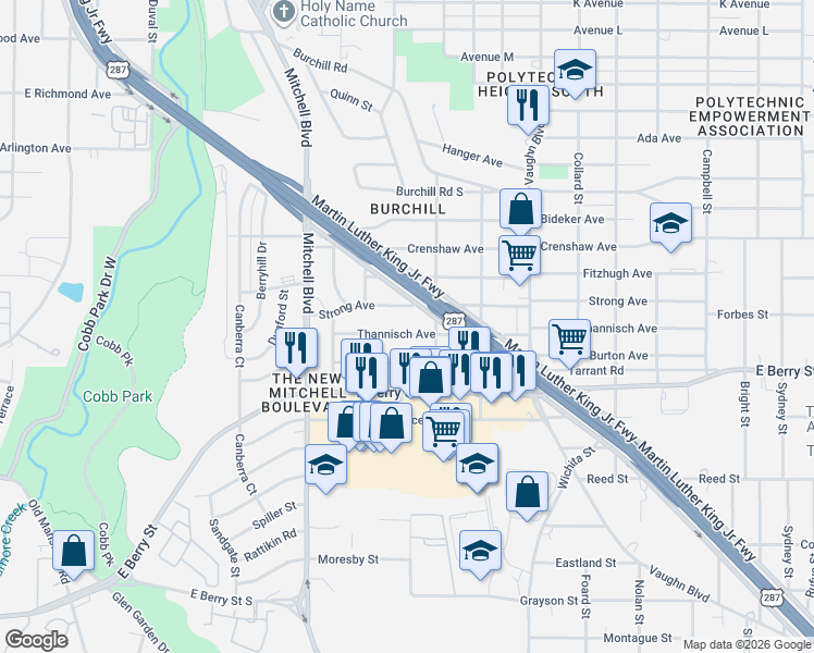 map of restaurants, bars, coffee shops, grocery stores, and more near 2720 Thannisch Avenue in Fort Worth