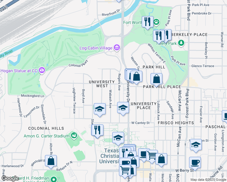 map of restaurants, bars, coffee shops, grocery stores, and more near 2536 Rogers Avenue in Fort Worth