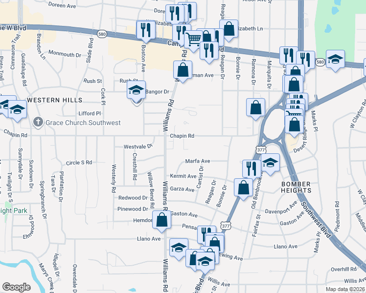 map of restaurants, bars, coffee shops, grocery stores, and more near 3833 Coates Circle in Benbrook
