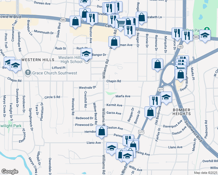 map of restaurants, bars, coffee shops, grocery stores, and more near 3853 Branch Way in Fort Worth