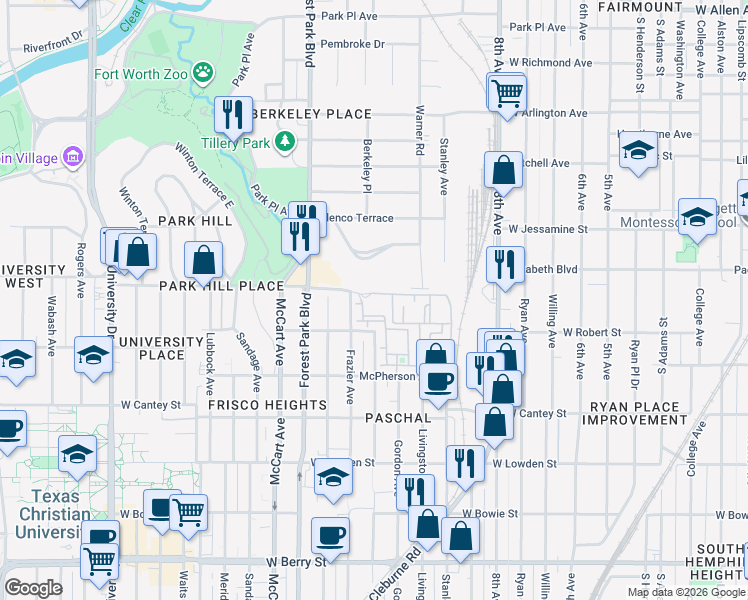 map of restaurants, bars, coffee shops, grocery stores, and more near 2001 Park Hill Drive in Fort Worth