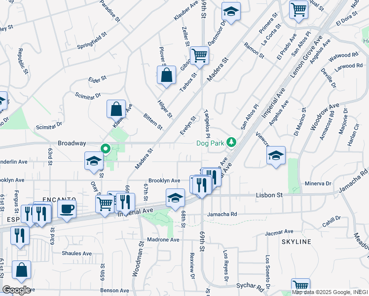 map of restaurants, bars, coffee shops, grocery stores, and more near 6818 Wunderlin Avenue in San Diego