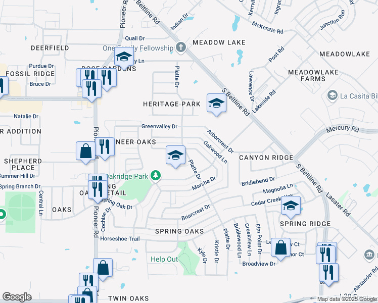 map of restaurants, bars, coffee shops, grocery stores, and more near 14913 Marsha Drive in Balch Springs