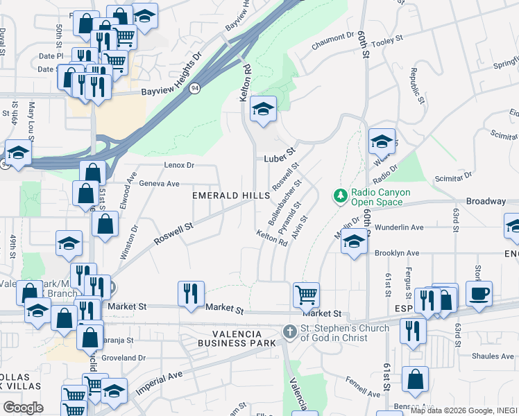 map of restaurants, bars, coffee shops, grocery stores, and more near 950 Kelton Road in San Diego