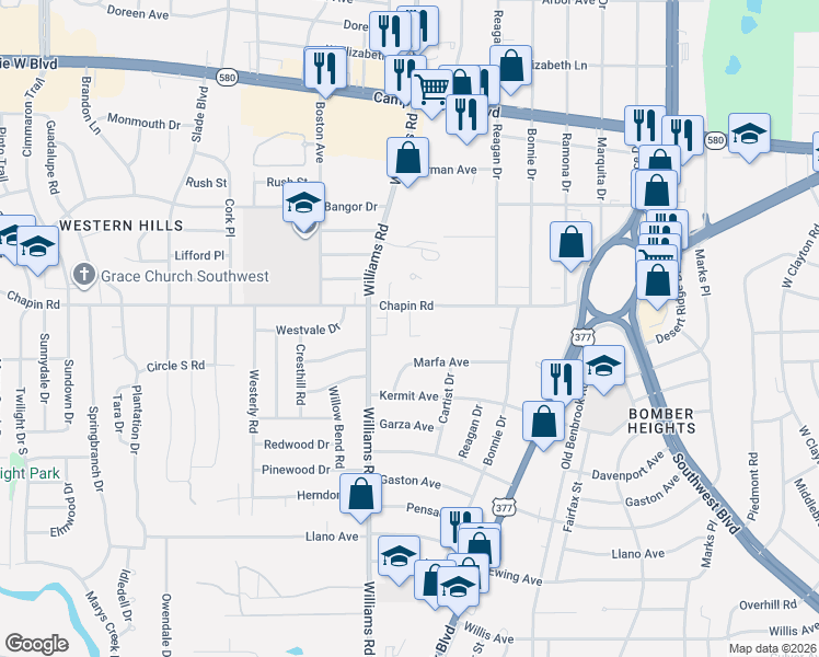 map of restaurants, bars, coffee shops, grocery stores, and more near 3833 Coates Circle in Benbrook