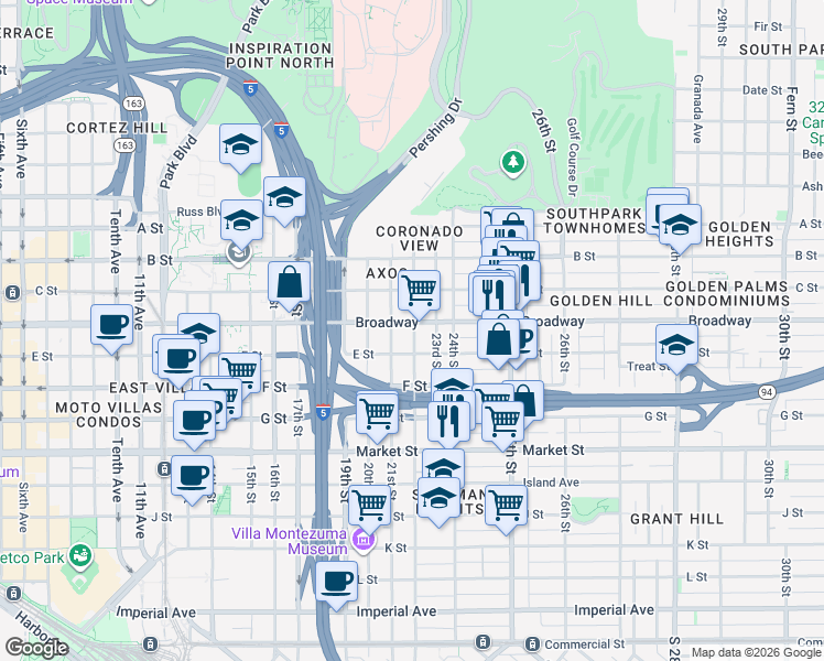 map of restaurants, bars, coffee shops, grocery stores, and more near 956 22nd Street in San Diego