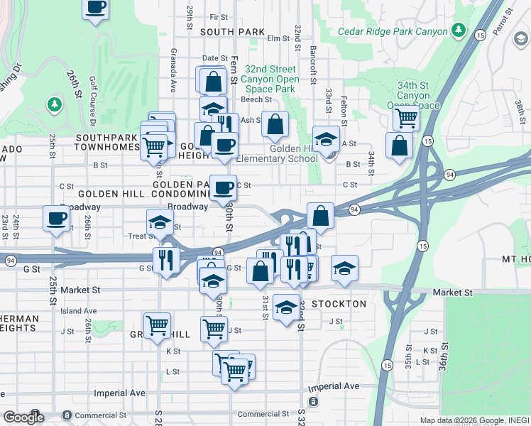 map of restaurants, bars, coffee shops, grocery stores, and more near 3045 Broadway in San Diego
