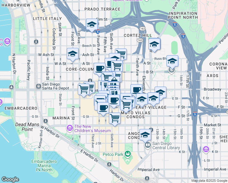 map of restaurants, bars, coffee shops, grocery stores, and more near 921 Sixth Avenue in San Diego