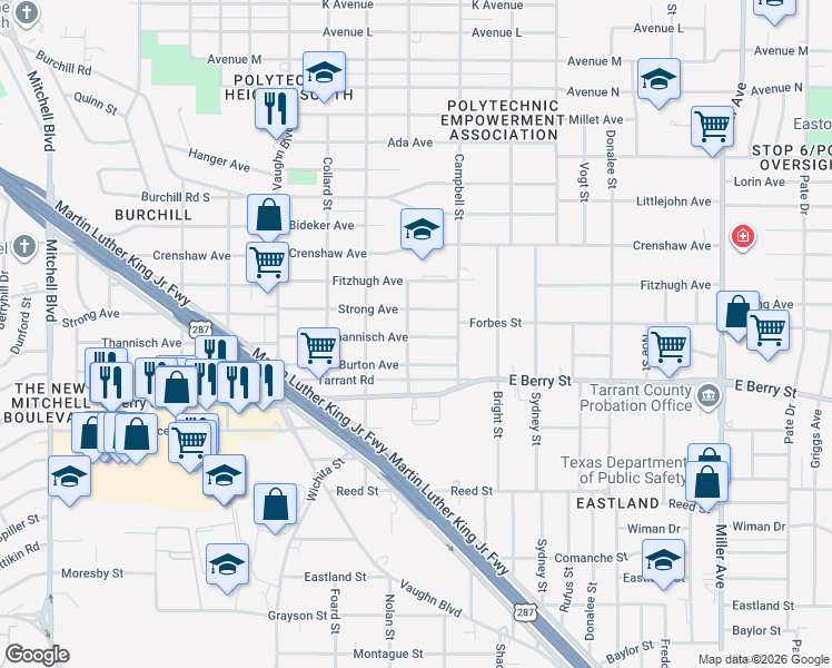 map of restaurants, bars, coffee shops, grocery stores, and more near 3500 Thannisch Avenue in Fort Worth