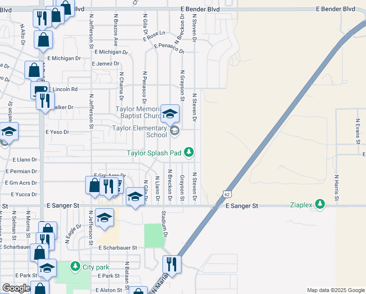 map of restaurants, bars, coffee shops, grocery stores, and more near 1520 North Breckon Drive in Hobbs
