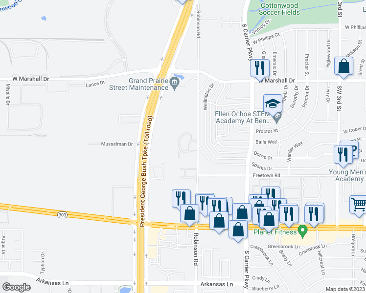 map of restaurants, bars, coffee shops, grocery stores, and more near 1802 Robinson Road in Grand Prairie