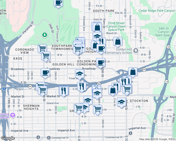 map of restaurants, bars, coffee shops, grocery stores, and more near in San Diego