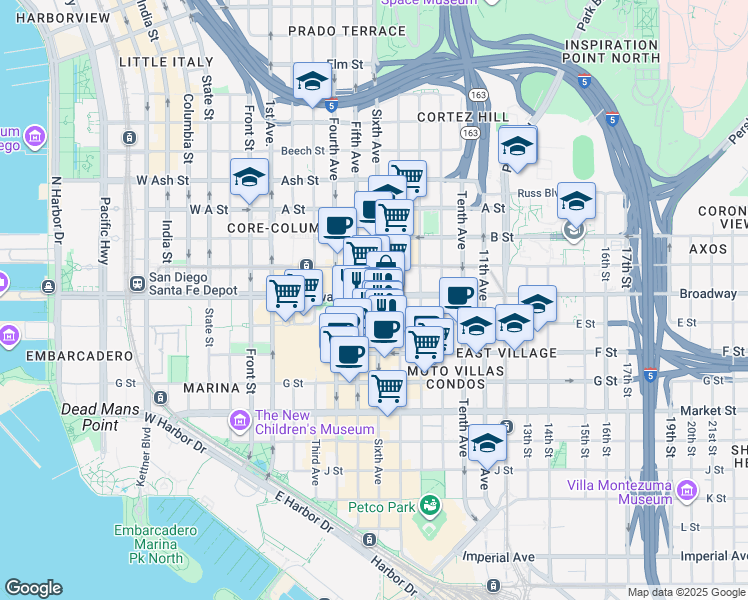 map of restaurants, bars, coffee shops, grocery stores, and more near 921 Sixth Avenue in San Diego