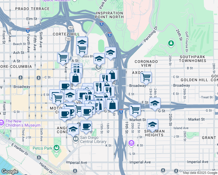 map of restaurants, bars, coffee shops, grocery stores, and more near 1508 E Street in San Diego