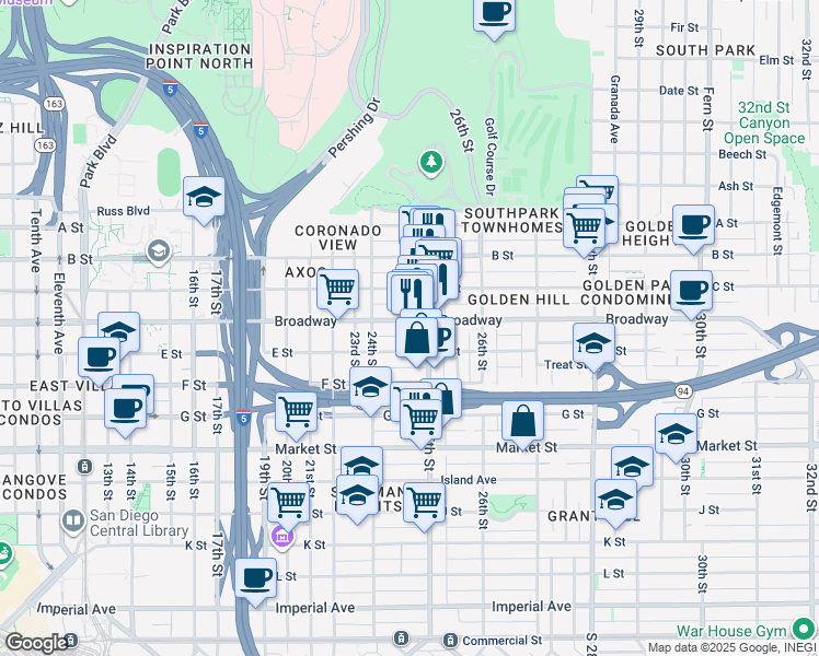 map of restaurants, bars, coffee shops, grocery stores, and more near 2469 Broadway in San Diego
