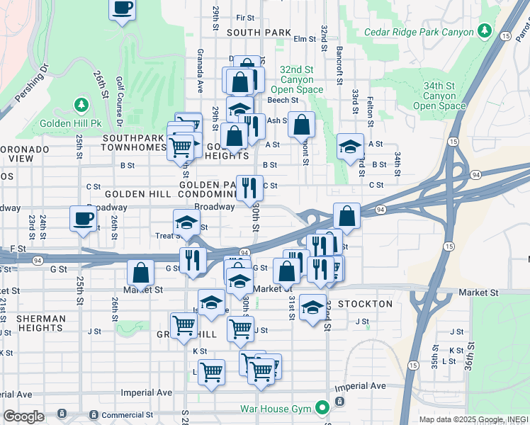 map of restaurants, bars, coffee shops, grocery stores, and more near 3029 Broadway in San Diego