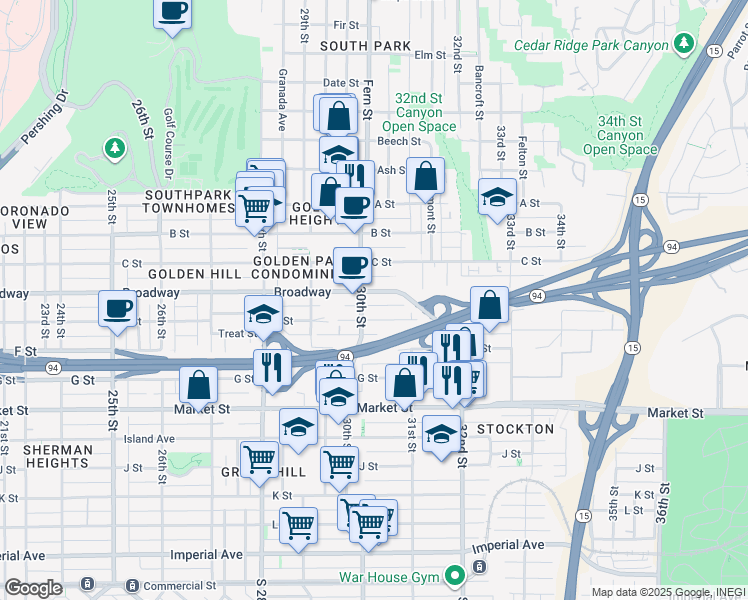 map of restaurants, bars, coffee shops, grocery stores, and more near in San Diego
