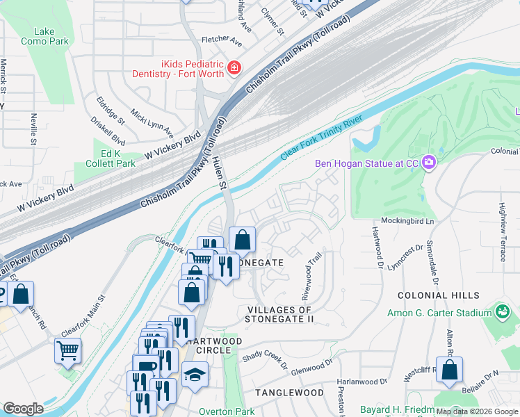 map of restaurants, bars, coffee shops, grocery stores, and more near 4200 Bridgeview Drive in Fort Worth