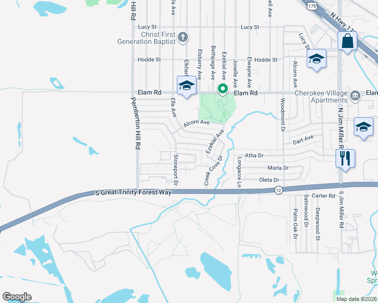 map of restaurants, bars, coffee shops, grocery stores, and more near 6321 Benavides Drive in Dallas