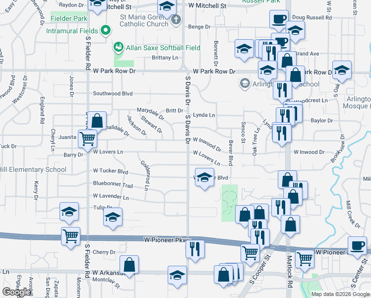 map of restaurants, bars, coffee shops, grocery stores, and more near 1200 West Lovers Lane in Arlington