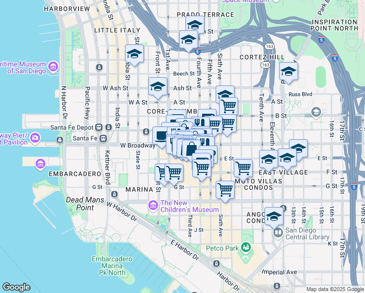 map of restaurants, bars, coffee shops, grocery stores, and more near 225 Broadway in San Diego