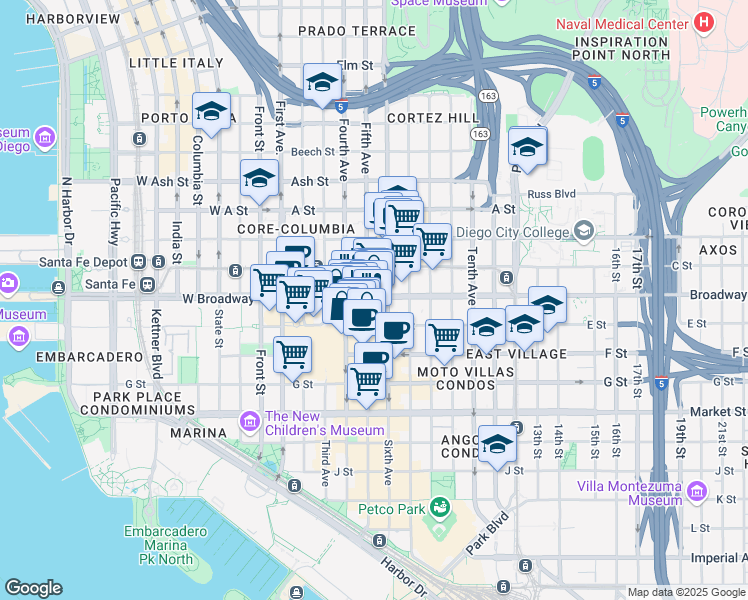 map of restaurants, bars, coffee shops, grocery stores, and more near 515 Broadway in San Diego