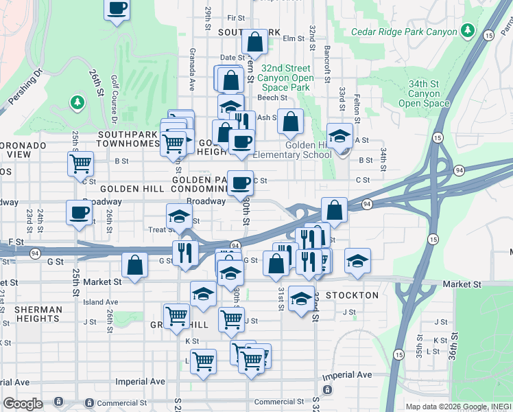 map of restaurants, bars, coffee shops, grocery stores, and more near 3029 Broadway in San Diego