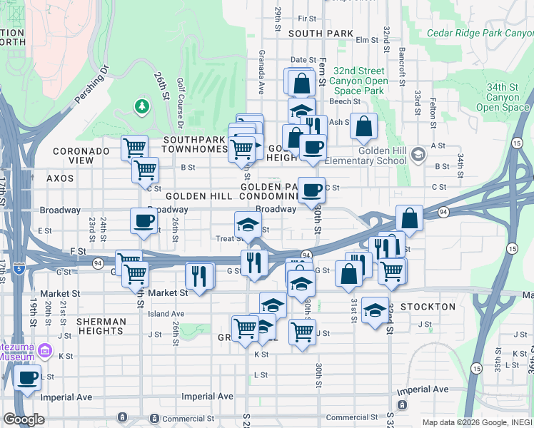 map of restaurants, bars, coffee shops, grocery stores, and more near 2847 Broadway in San Diego