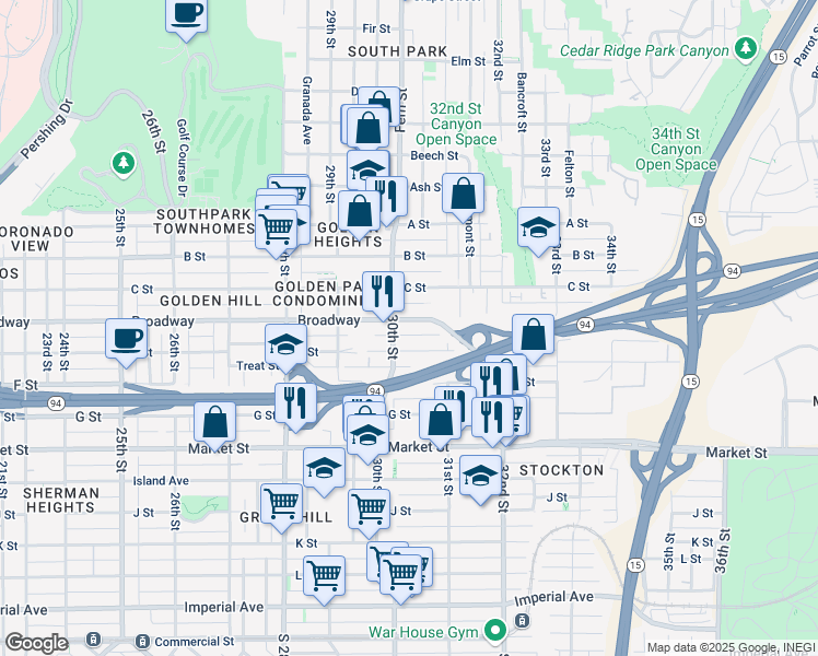 map of restaurants, bars, coffee shops, grocery stores, and more near in San Diego