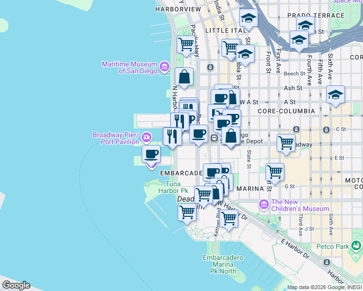 map of restaurants, bars, coffee shops, grocery stores, and more near in San Diego