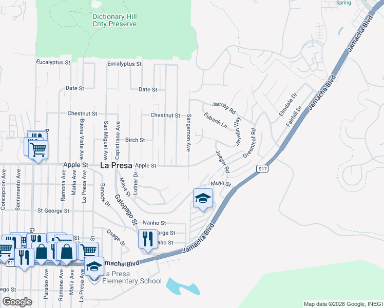 map of restaurants, bars, coffee shops, grocery stores, and more near 9924 Apple Street in Spring Valley