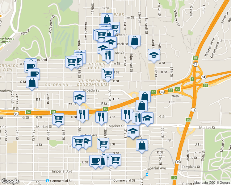 map of restaurants, bars, coffee shops, grocery stores, and more near 3024 E Street in San Diego