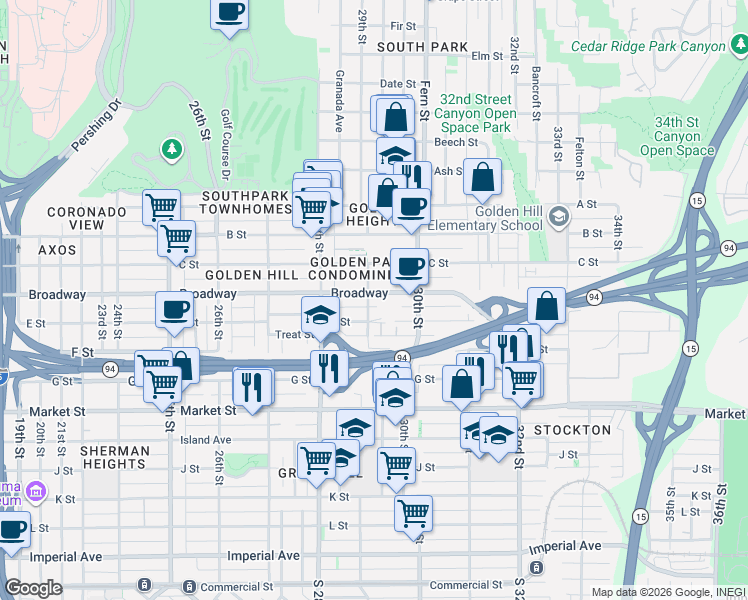 map of restaurants, bars, coffee shops, grocery stores, and more near 2884 E Street in San Diego