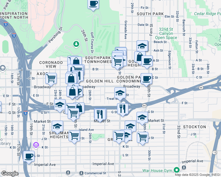 map of restaurants, bars, coffee shops, grocery stores, and more near 2743 E Street in San Diego