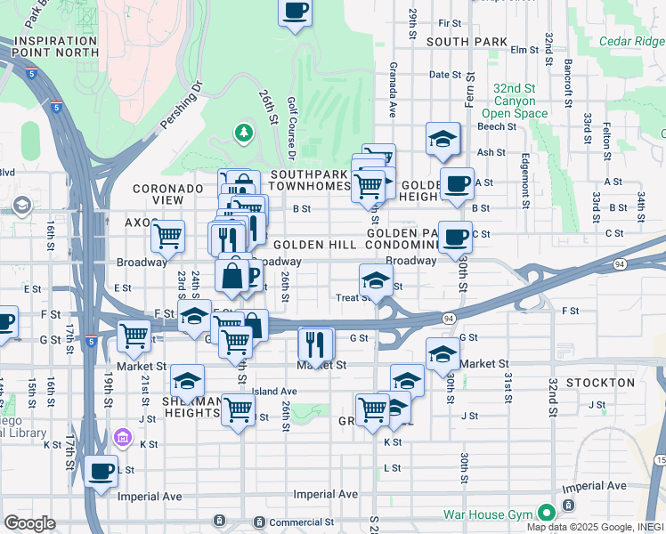 map of restaurants, bars, coffee shops, grocery stores, and more near 2682 E Street in San Diego