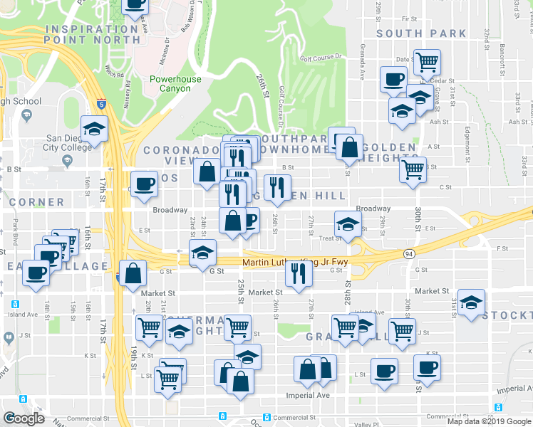 map of restaurants, bars, coffee shops, grocery stores, and more near 903 26th Street in San Diego