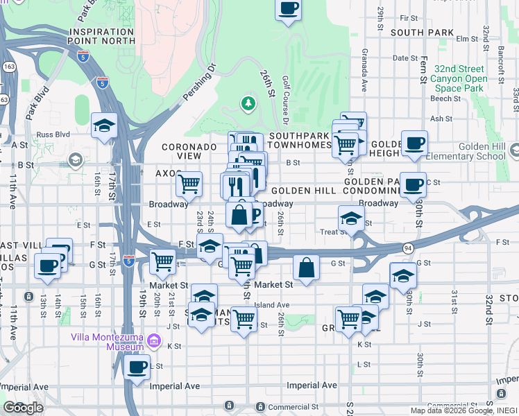 map of restaurants, bars, coffee shops, grocery stores, and more near 2532 E Street in San Diego